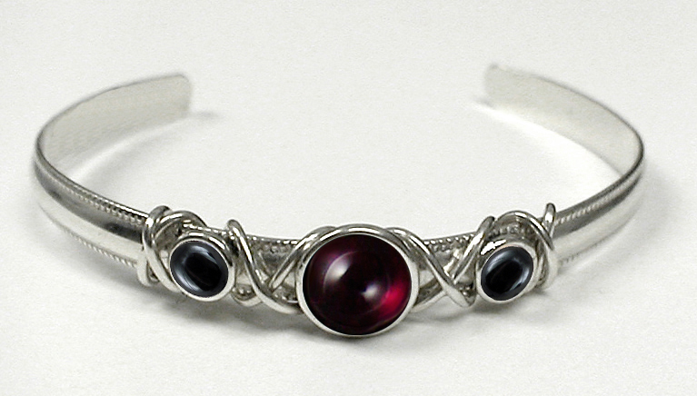 Sterling Silver Hand Made Cuff Bracelet With Garnet And Hematite